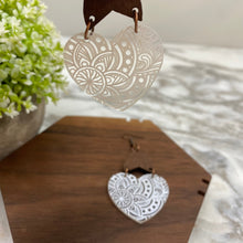 Load image into Gallery viewer, Acrylic &amp; Wood Dangle Earrings - Clear Filigree Heart
