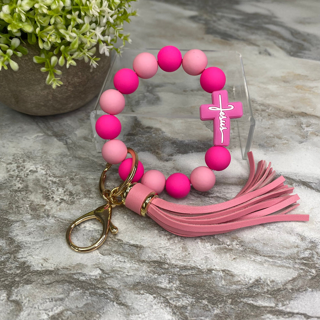 Silicone Bracelet Keychain - Jesus, Dusty & Hot Pink