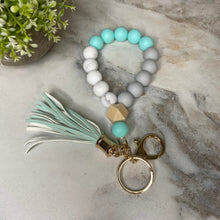 Load image into Gallery viewer, Silicone Bracelet Keychain with Wood Bead &amp; Tassel - Aqua
