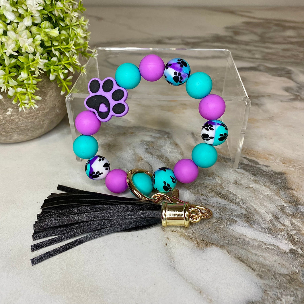 Silicone Bracelet Keychain - Paw Print Purple & Teal