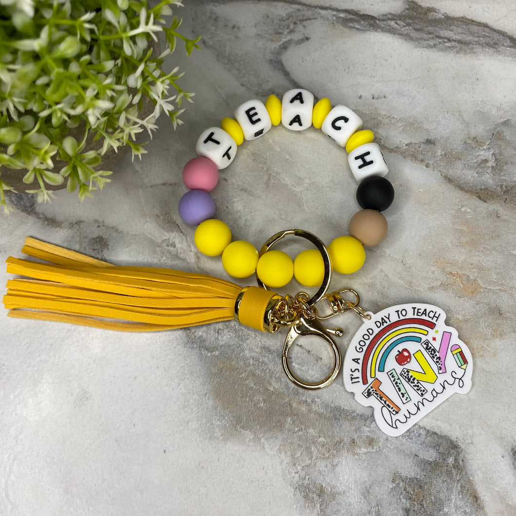 Silicone & Acrylic Bracelet Keychain - Teach - Yellow