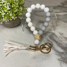 Load image into Gallery viewer, Silicone Bracelet Keychain with Wood Bead &amp; Tassel - White Marble
