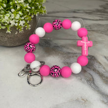 Load image into Gallery viewer, Silicone &amp; Wood Bracelet Keychain - Religious, Jesus, Hot Pink
