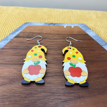 Load image into Gallery viewer, Wooden Dangle Earrings - Teacher Gnome Apple
