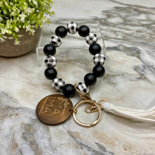 Load image into Gallery viewer, Wooden Bead Bracelet Keychain - Mama - Black &amp; White Plaid
