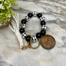 Load image into Gallery viewer, Wooden Bead Bracelet Keychain - Mama - Black &amp; White Plaid
