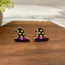 Load image into Gallery viewer, Wooden Stud Earrings - Witch Hat with Stars
