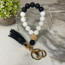 Load image into Gallery viewer, Silicone Bracelet Keychain with Wood Bead &amp; Tassel - Black
