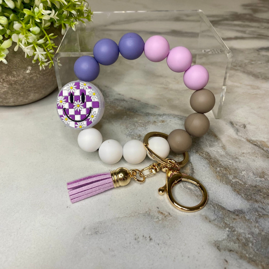 Silicone Bracelet Keychain - Happy Face - Purple