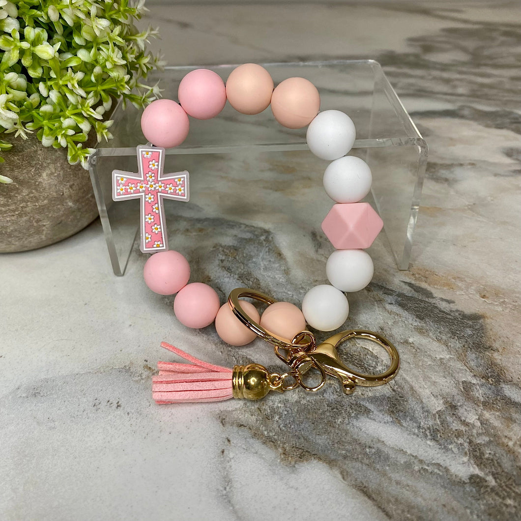 Silicone Bracelet Keychain - Cross - Light Pink