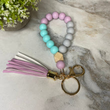Load image into Gallery viewer, Silicone Bracelet Keychain with Wood Bead &amp; Tassel - Lavender &amp; Aqua
