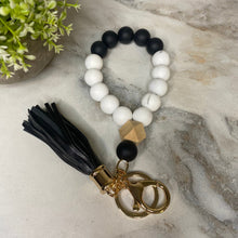 Load image into Gallery viewer, Silicone Bracelet Keychain with Wood Bead &amp; Tassel - Black

