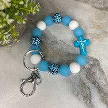 Load image into Gallery viewer, Silicone &amp; Wood Bracelet Keychain - Religious, Jesus, Light Blue
