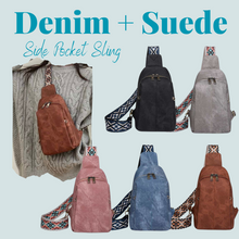 Load image into Gallery viewer, Sling Bag - Denim Suede - Side Zip
